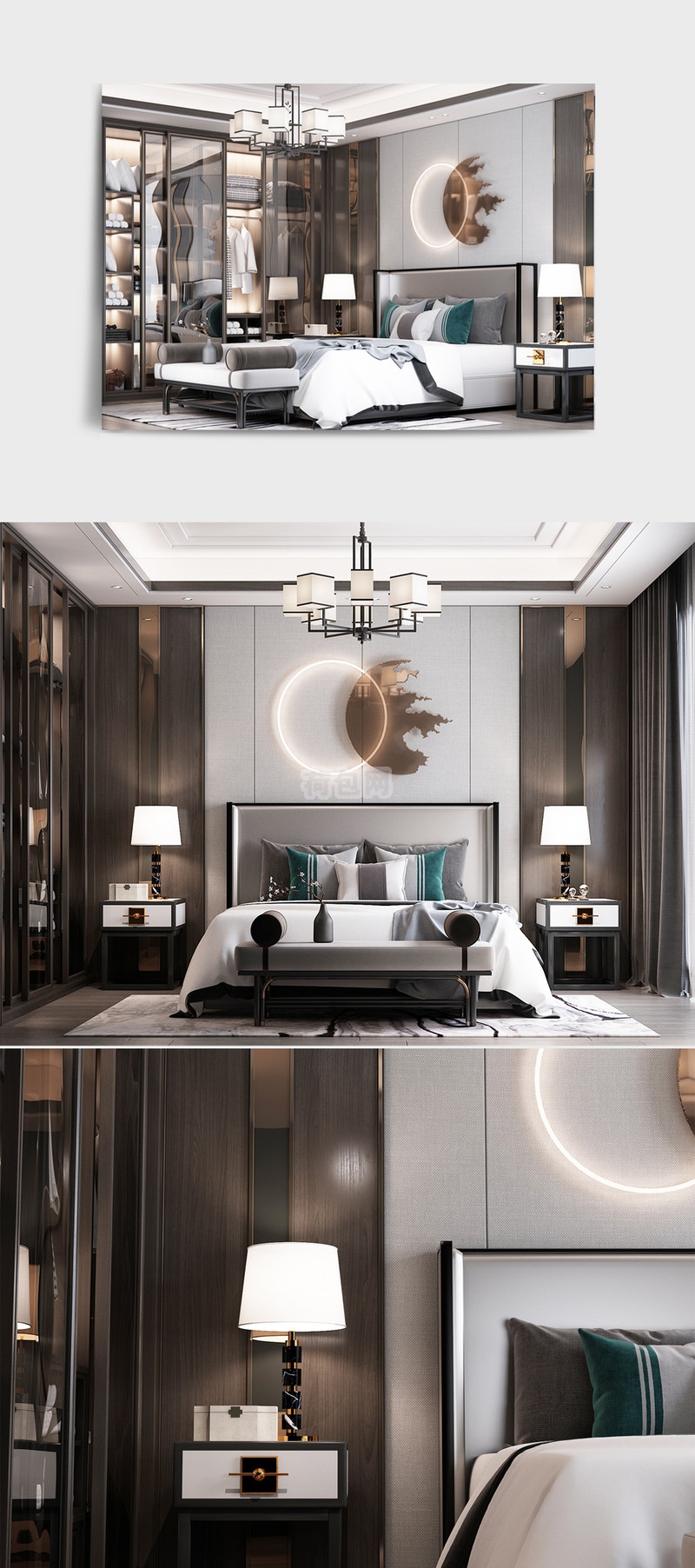 新中式装饰卧室3D模型效果图素材下载